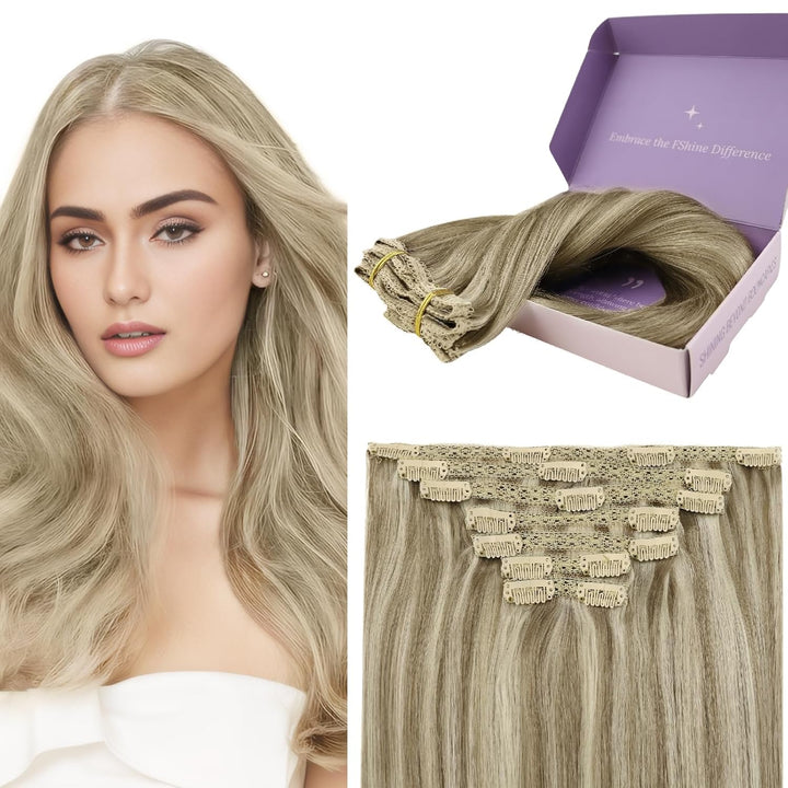 Fshine Clip in Highlight Extensions Echthaar 7Stück/120g Doppelt Tressen Für Vollen Kopf Echthaar Cl