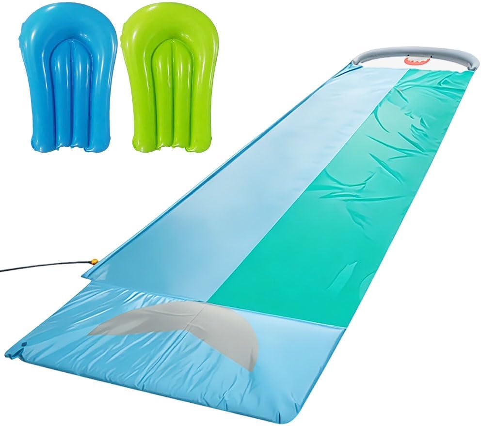 Mineup Wasserrutsche Garten, 550 * 140CM Wasserrutschmatte mit 2 Bodyboards, Doppelrutsche mit Einge