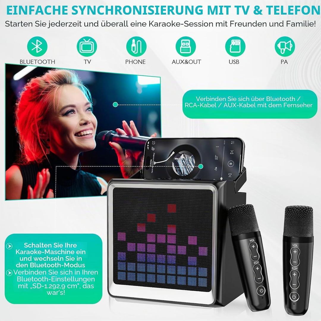 Karaoke-Maschine für Kinder und Erwachsene,tragbarer Bluetooth-Lautsprecher mit 2 drahtlosen Mikrofo