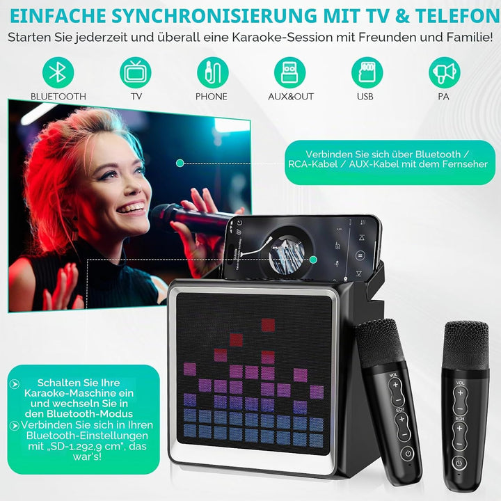 Karaoke-Maschine für Kinder und Erwachsene,tragbarer Bluetooth-Lautsprecher mit 2 drahtlosen Mikrofo