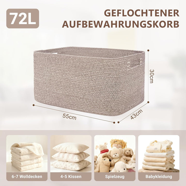 72L grosser Wäschekorb geflochten mit Henkeln, Efeugrün | Aufbewahrungskorb aus Baumwollseil für Dec