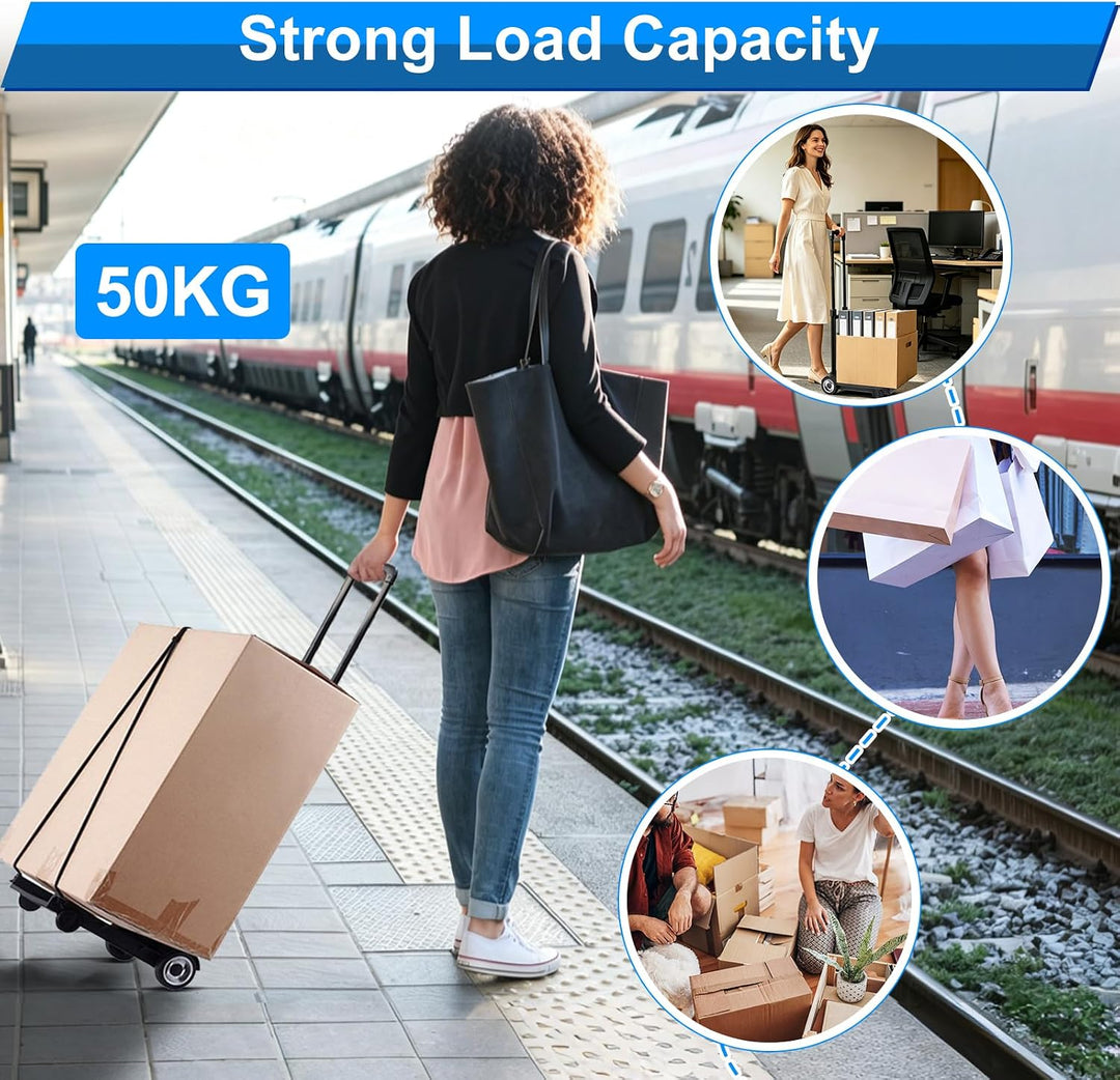 Plattformwagen Sackkarre Klappbar, 50KG Faltbarer Handkarre Kompakt mit Rädern, Mini Transportkarren