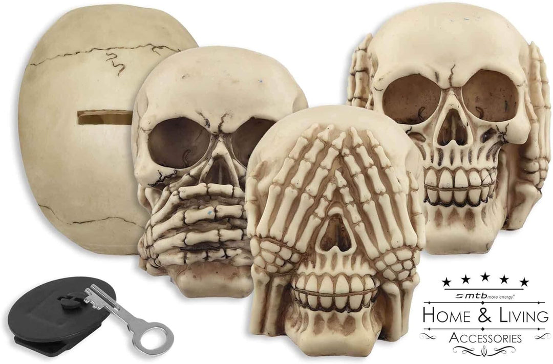Deko Totenkopf Spardose ''Nichts Hören, Nichts sehen, Nichts Sagen'' - Set aus 3 Totenschädeln - Höh