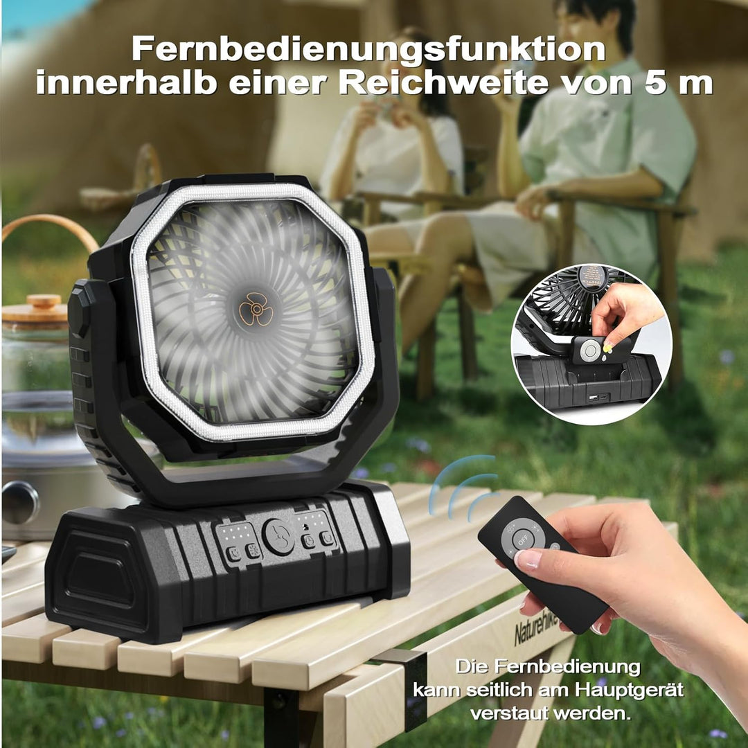 Camping Ventilator mit Akku 20000mAh – USB Tischventilator wiederaufladbar mit LED Licht, Fernbedien