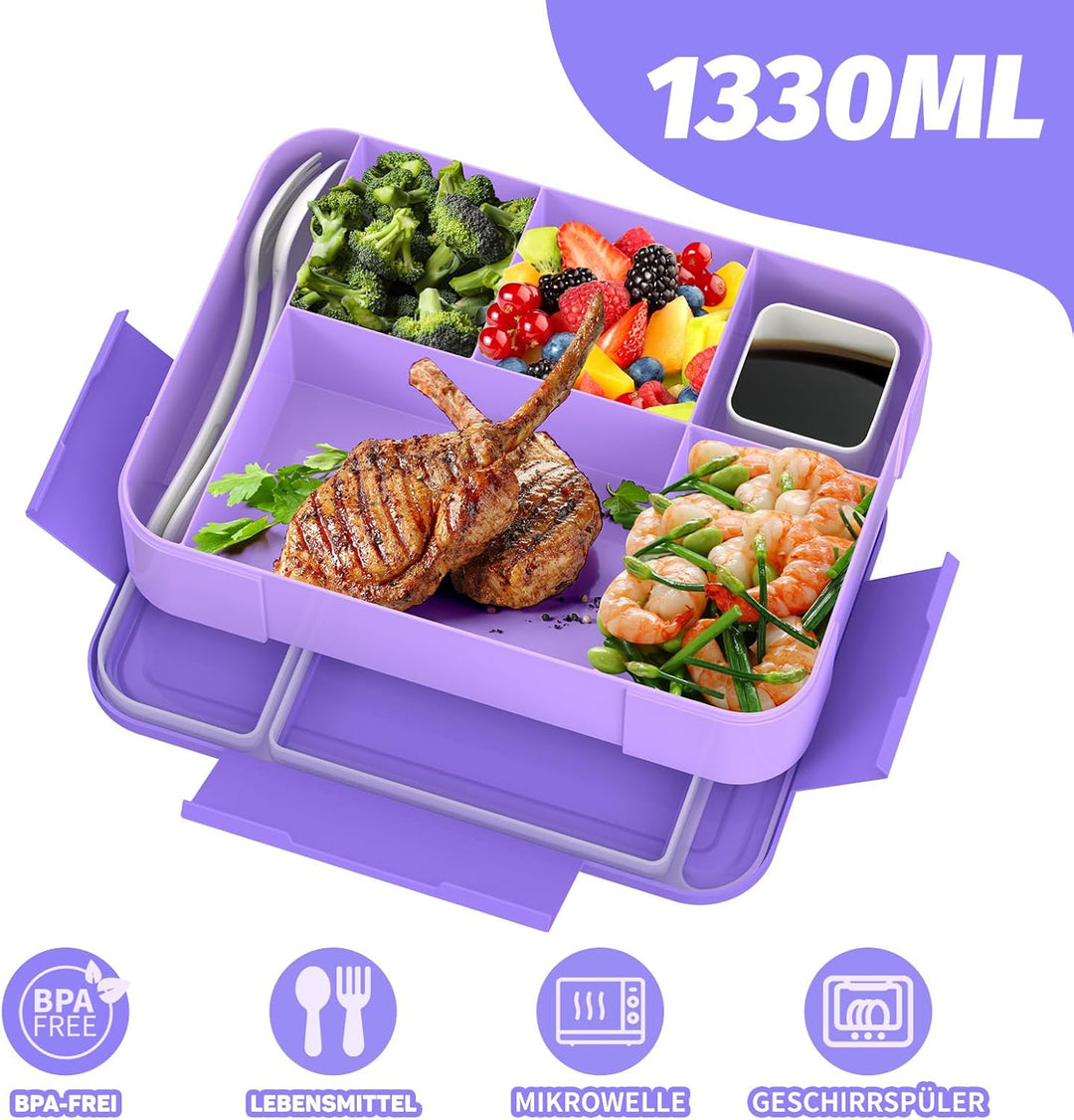 SWVIODMT Brotdose Kinder mit Fächern, 1300 ml Lunchbox für Kinder, Bento Box mit 5 Fächern Besteckse