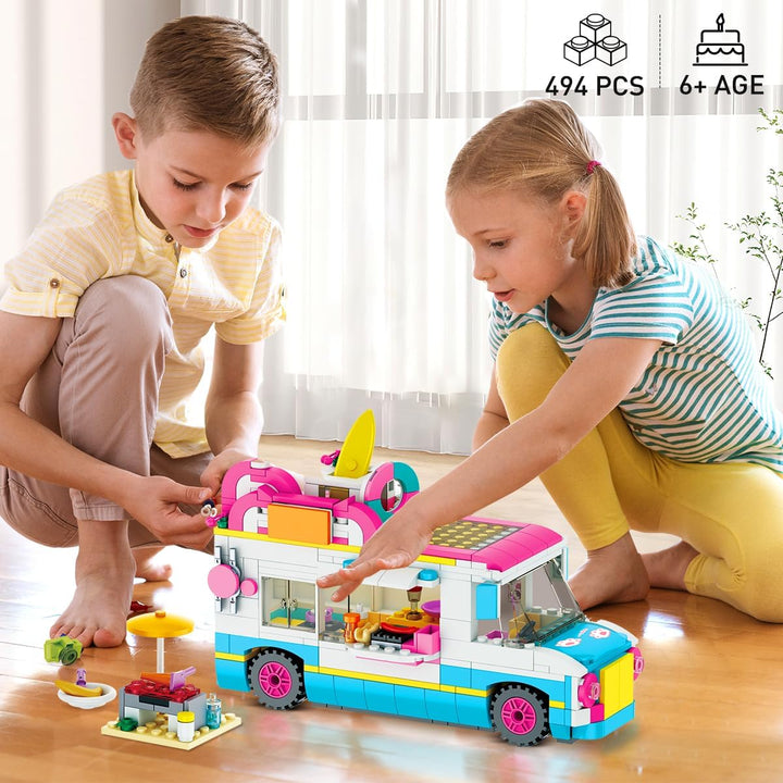 3-in-1 Wohnmobil Bausteine Spielzeug, Campingbus Wohnwagen Konstruktionsspielzeug mit Rutsche und Au