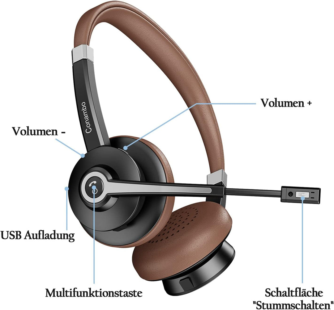 Conambo Headset mit Mikrofon, Kabellos Bluetooth Headset mit Mikrofon mit HD Stereo Sound für Laptop