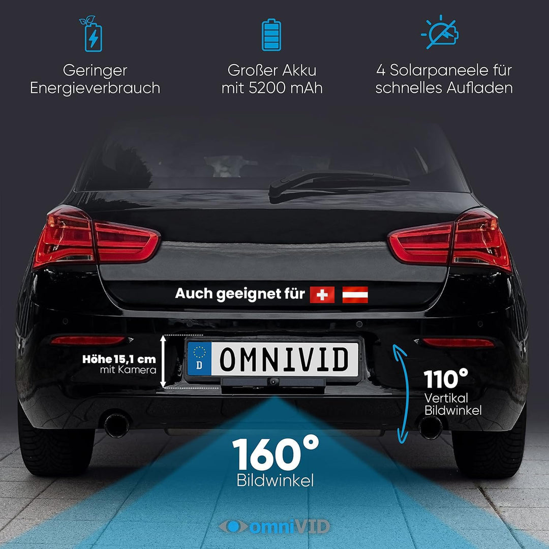 omniVID® Solar4 Premium Solar Rückfahrkamera-System, Kabellos mit 4,3 Zoll Monitor und solarbetriebe