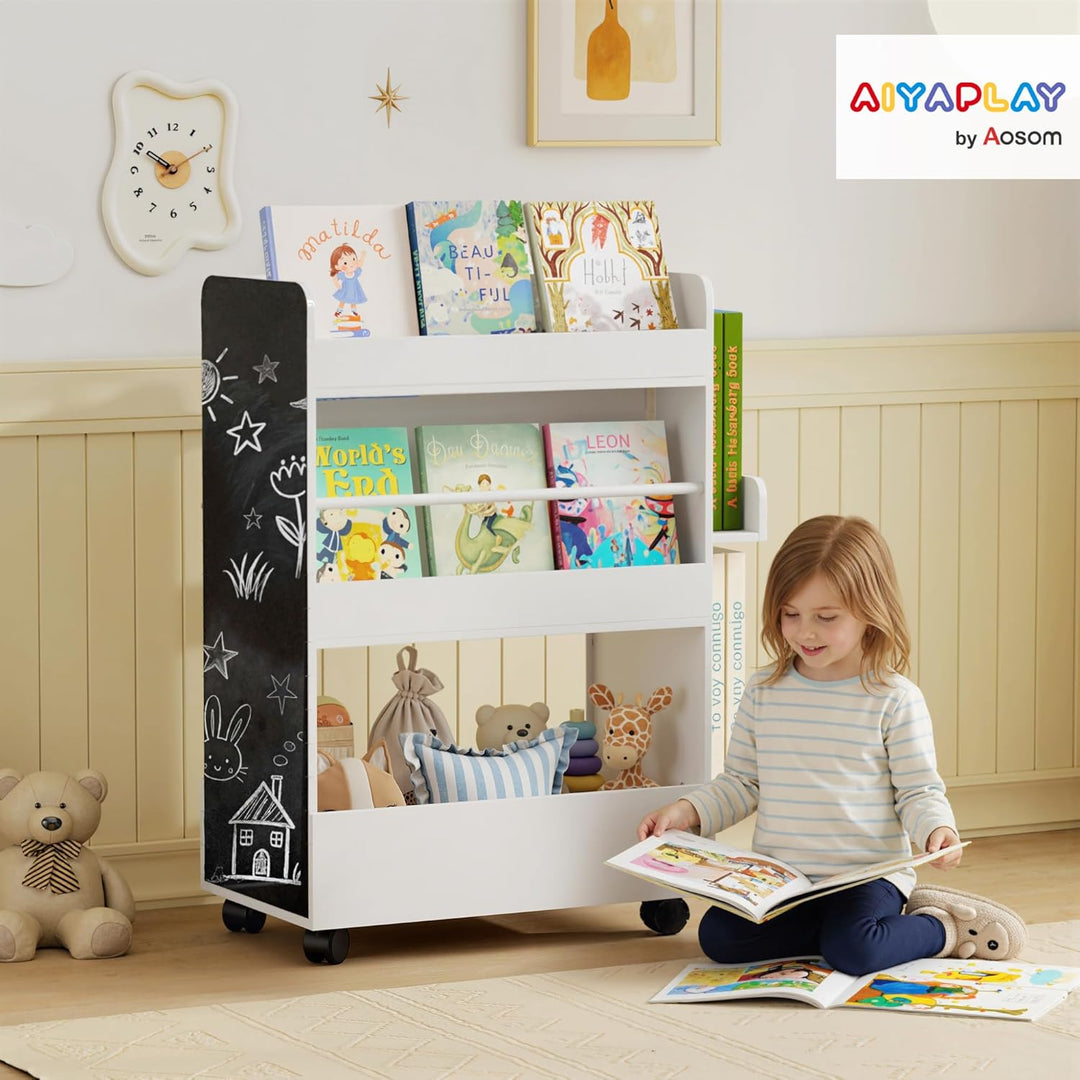 AIYAPLAY Kinder Bücherregal, Kinderregal mit 4 Regalen Bodenfach 2 Seitenteile, doppelseitiges Kinde