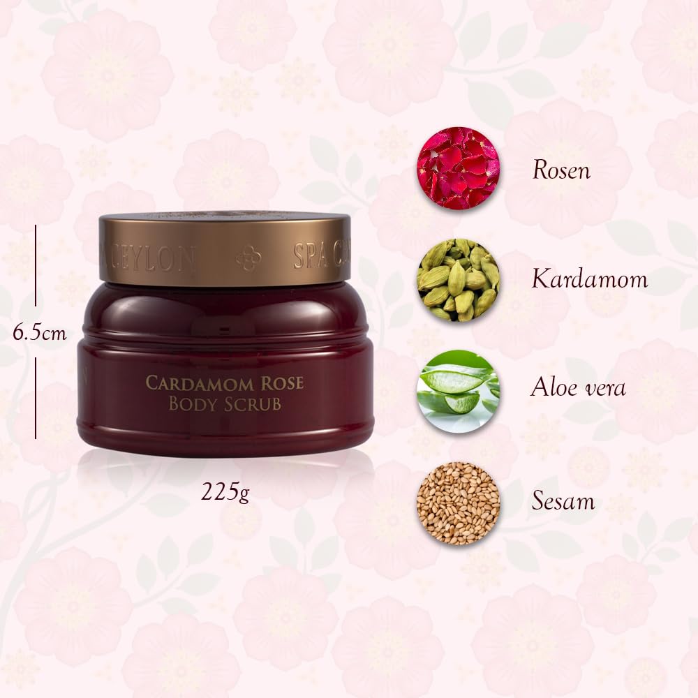 SPA CEYLON Cardamom Rose Body Scrub, 200 g ayurvedisches Körperpeeling mit Kardamom, Rose und Reiskl