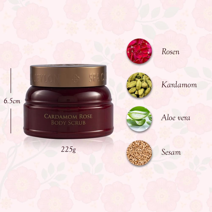 SPA CEYLON Cardamom Rose Body Scrub, 200 g ayurvedisches Körperpeeling mit Kardamom, Rose und Reiskl