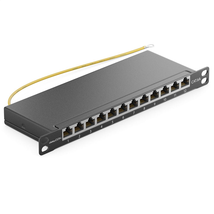 deleyCON CAT 6a 0,5 HE Patchpanel Mini Verteilerfeld 12 Port - Desktop 10" Zoll Rackeinbau Servermon