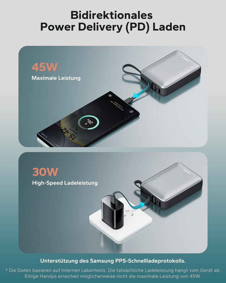 Powerbank 20,000mAh 45W Schnellladefunktion, Power Bank integriertes USB C Kabel Flugzeug Geeignet,