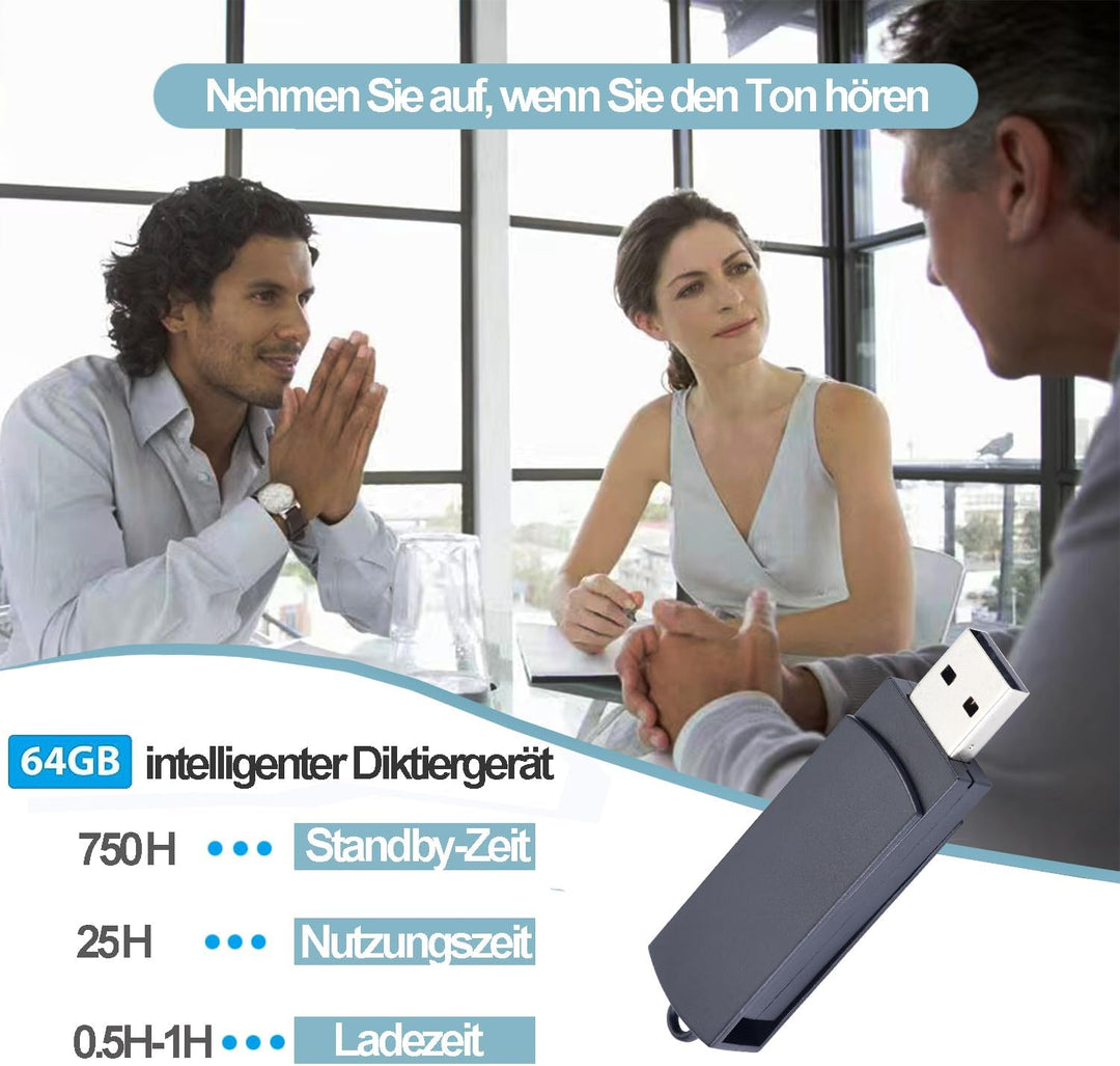 64GB USB Diktiergerät Digital, Voice Recorder mit Spracherkennung und One-Touch-Aufnahme, Aufnahmege