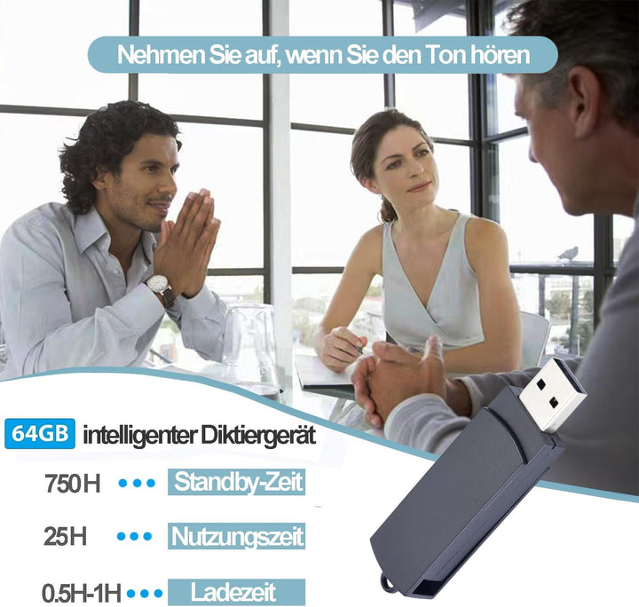 64GB USB Diktiergerät Digital, Voice Recorder mit Spracherkennung und One-Touch-Aufnahme, Aufnahmege