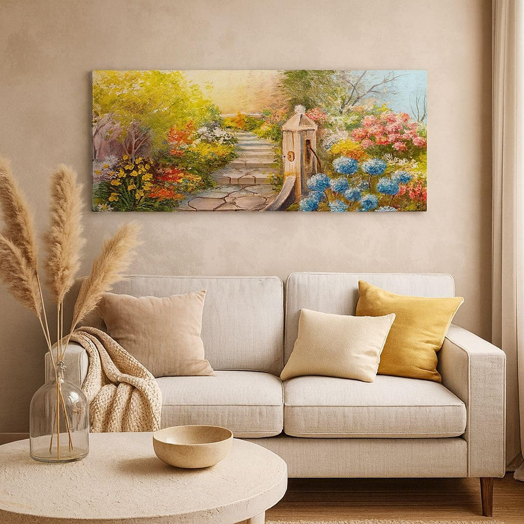 Wandbilder Dekoration Wohnzimmer Garten Blumen Sommer Panorama Bilder auf Leinwand 120x50cm Leinwand