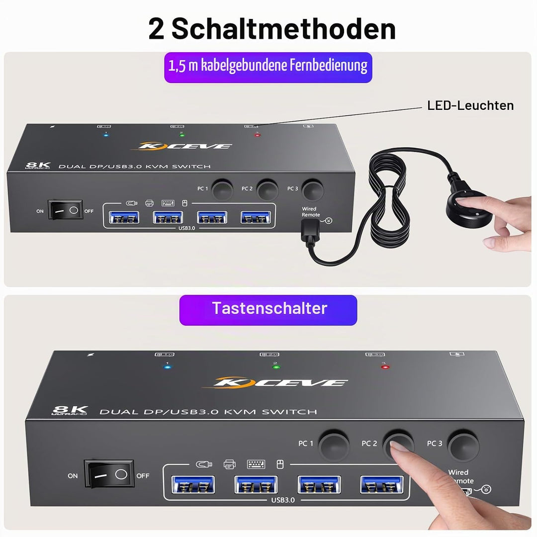 USB 3.0 KVM Switch 3 PC 2 Monitore Displayport 4K@144Hz, KVM Switch Dual Monitor Displayport 1.4 für