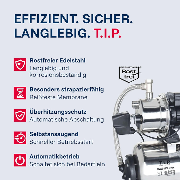 T.I.P. Hauswasserwerk HWW 4500 INOX (bis 4.350 l/h Fördermenge, Förderhöhe max. 50 m / Druck max. 5,