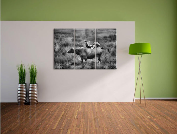 Pixxprint Monocrome, Wasserbüffel trägt Kind 3-Teiler Leinwandbild 120x80 Bild auf Leinwand