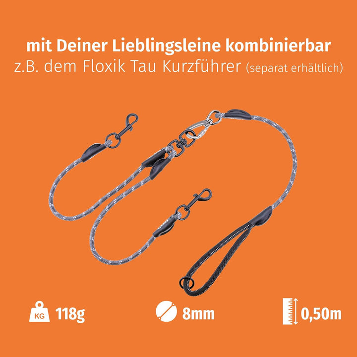 Floxik Tau Doppelleine für 2 Hunde grau/orange - reflektierend, dehnbar und verhedderungsfrei – Dopp