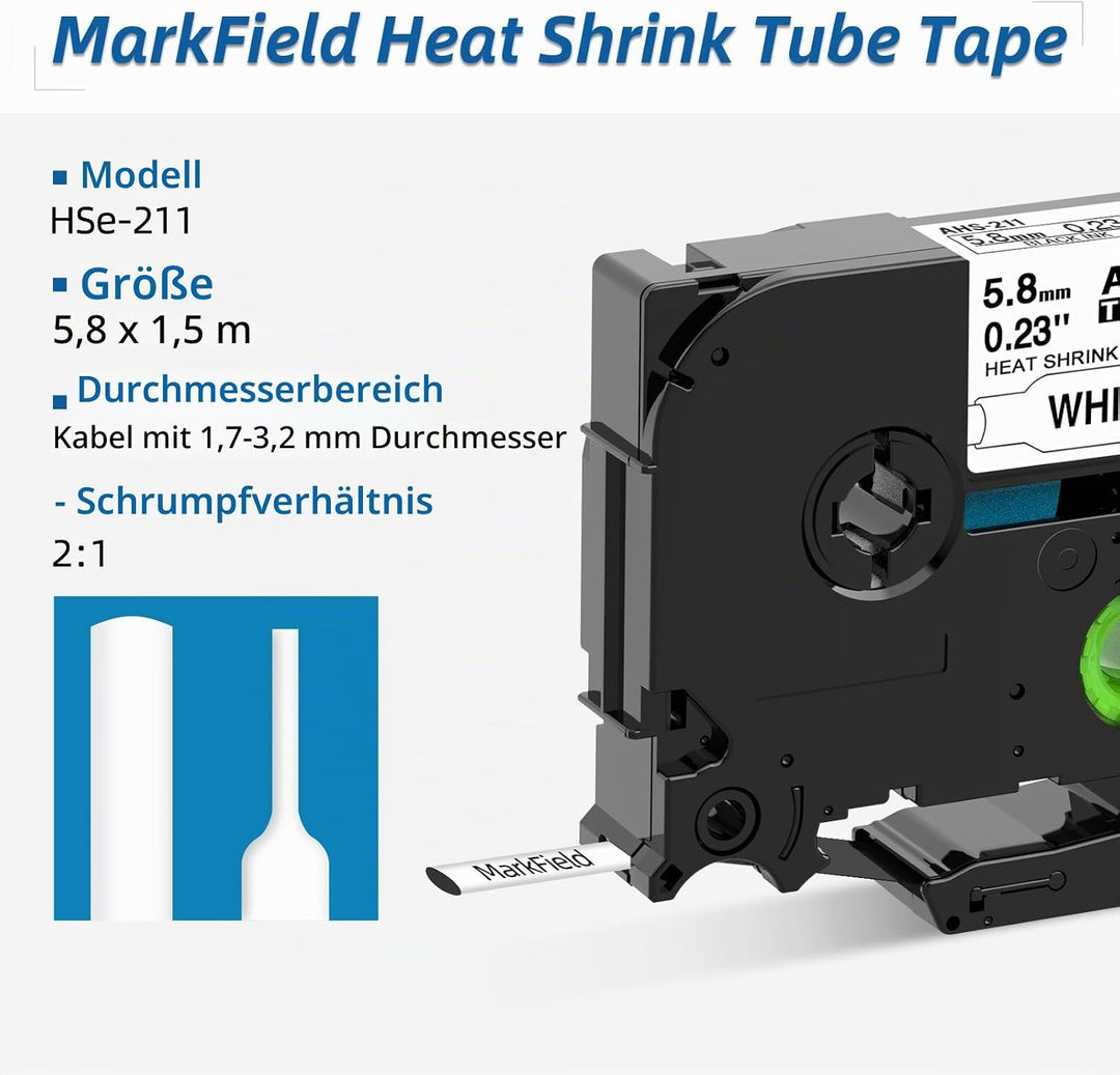 MarkField Kompatible Schriftband Schrumpfschlauch HSe-211 HSe211 5.8mm Bänder Schwarz auf Weiss Komp