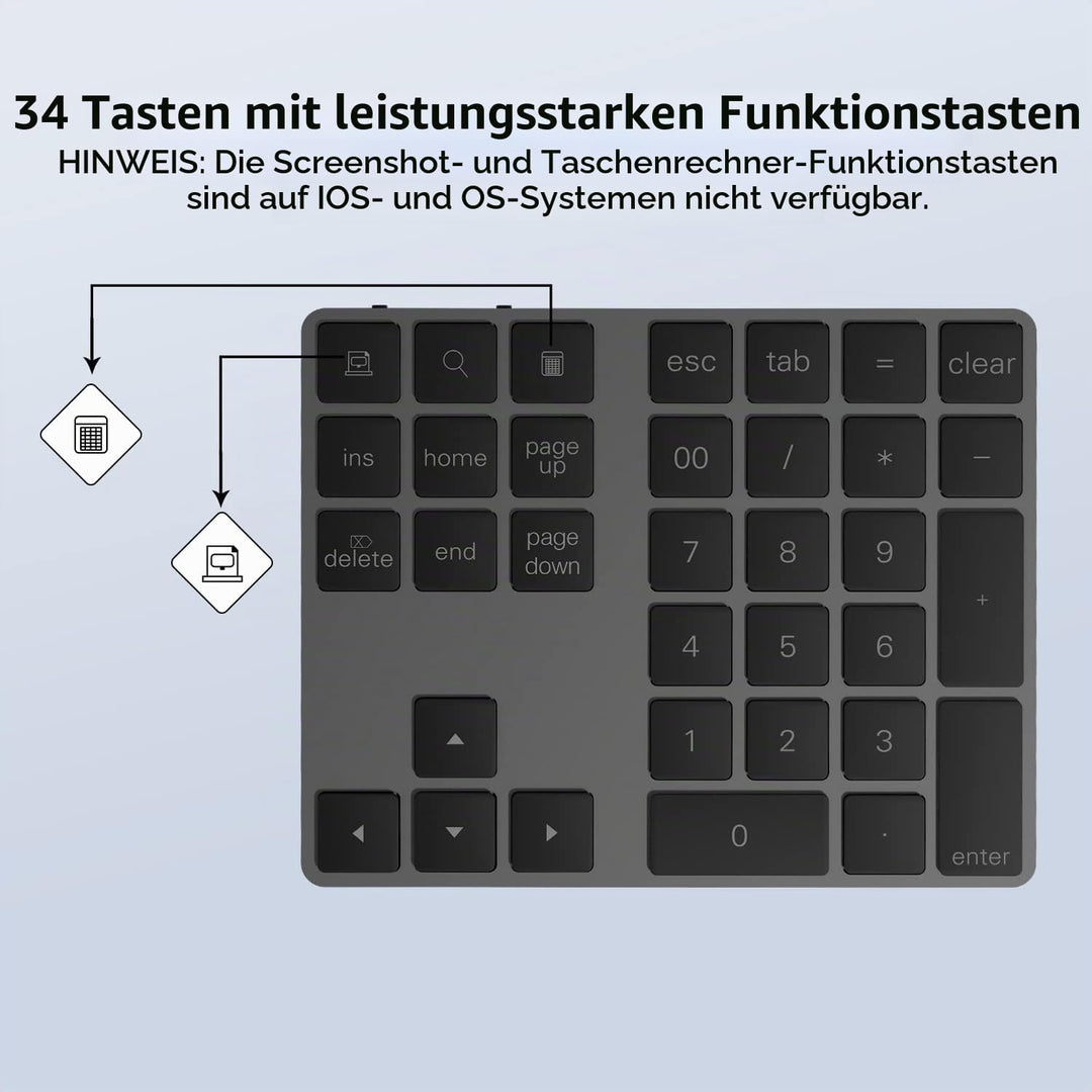 Bluetooth Ziffernblock, Bluetooth Nummerntastatur 34-Tasten, Wireless NumPad kabellose Nummer Tastat