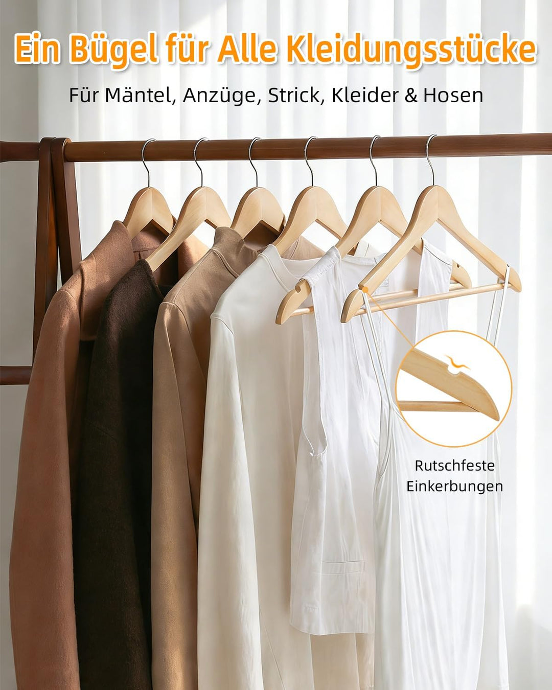 Hangerman Kleiderbügel Holz 20er Set, Massivholz Kleiderbügel mit rutschfestem Hosensteg, Einkerbung