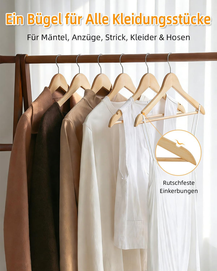 Hangerman Kleiderbügel Holz 20er Set, Massivholz Kleiderbügel mit rutschfestem Hosensteg, Einkerbung