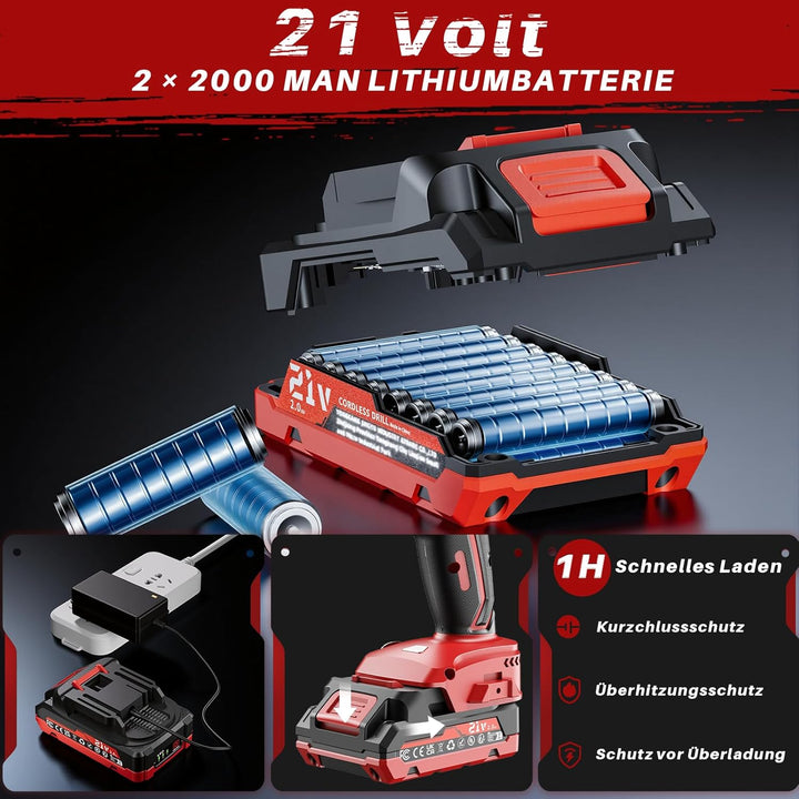 Akkuschrauber 21V Akku Bohrschrauber mit Akku 2×2000mAh 45Nm Drehmoment Max 25+3 Drehmomentstufen (2