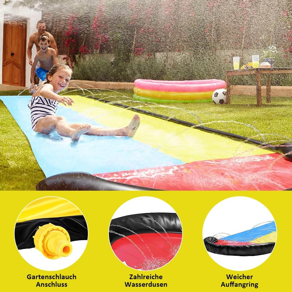 Wasserrutsche Garten für Kinder, Wasserrutsche mit 2 Bodyboards, Doppel Wasserrutschmatte mit Eingeb