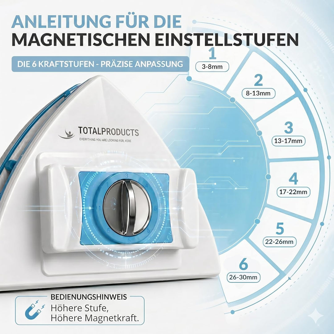 Magnetischer Fensterreiniger Verstellbar 3–30 mm – Doppelglas & Einzelfenster – Mit Sicherheitsseil,