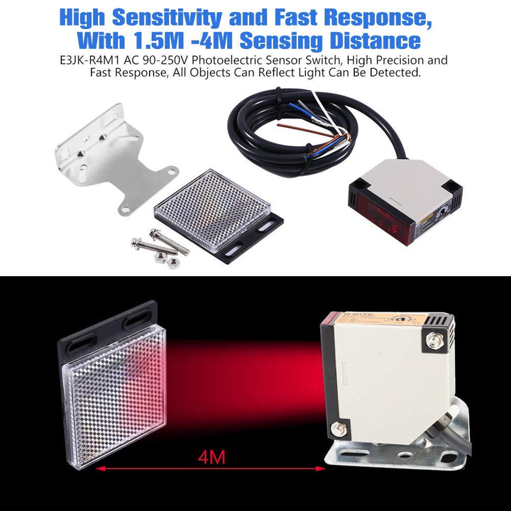Keenso Photoelektrischer Schalter, E3JK-R4M1 Reflexions-Lichtschranke AC 90-250V 3A Lichtschranke Sp