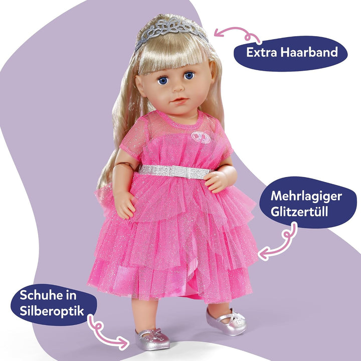 Baby Born Prinzessinnen-Outfit mit rosa Kleid, Tiara und silbernen Schuhen für 43cm Puppen