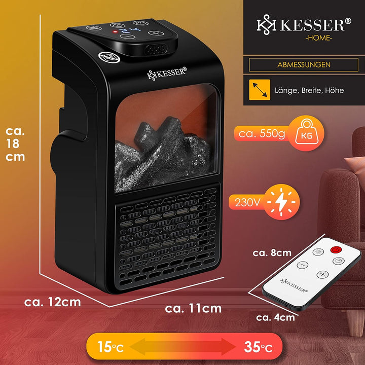 KESSER® Steckdosen Heizlüfter Energiesparend Mini mit Kaminfeuereffekt Fernbedienung LCD Display Ker