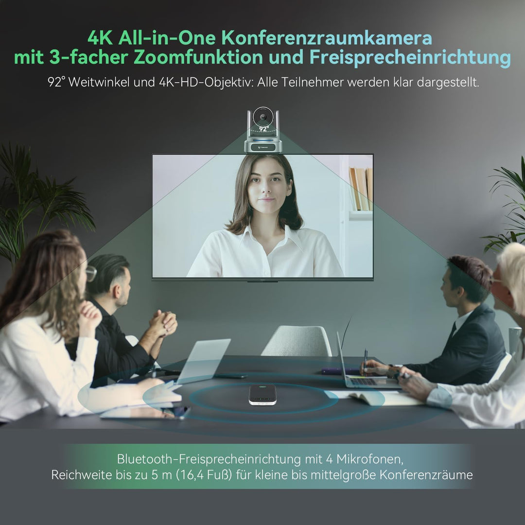 4K-Konferenzraum-Kamerasystem, KI-Autotracking 4K-PTZ-Kamera mit 3-fachem optischem Zoom, 92°-Weitwi
