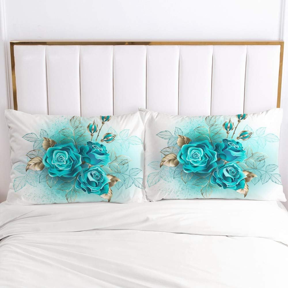 Luowei Bettwäsche Rosen 155x220cm Türkis Blumenmsuter Bettbezug Romantische Floral Microfaser Decken