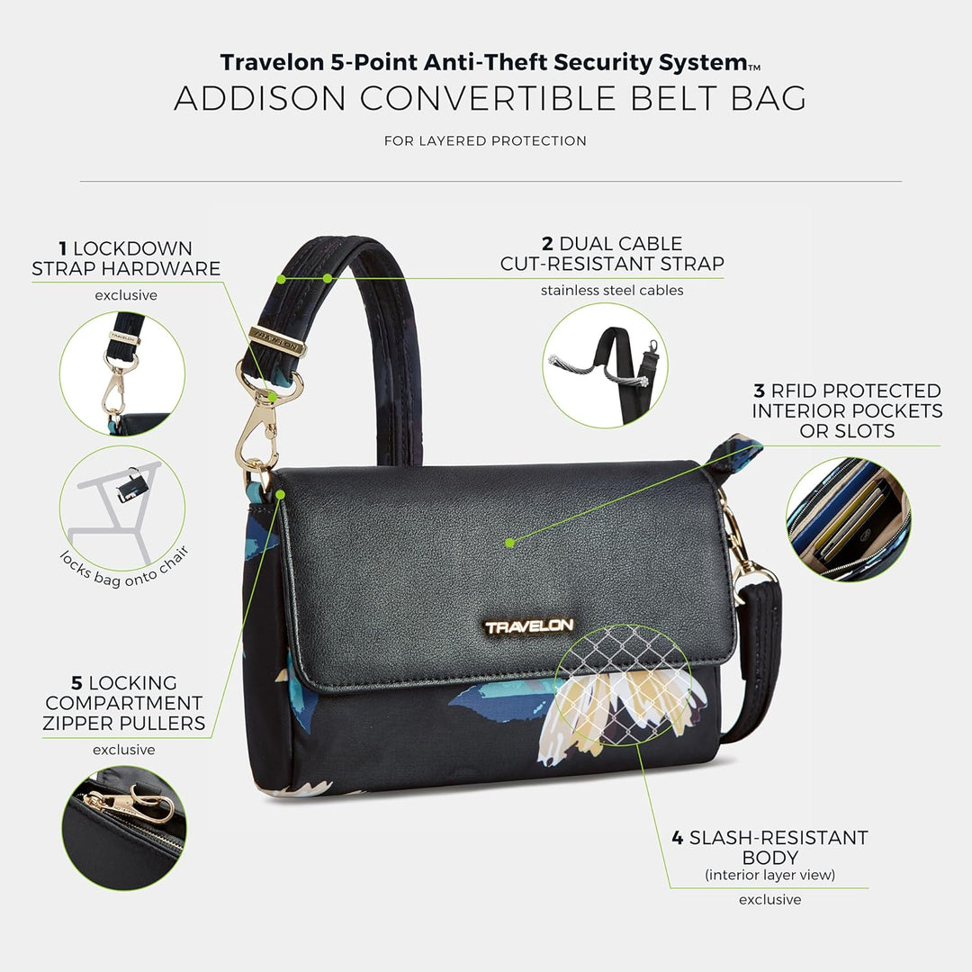 Travelon Addison Gürteltasche, Diebstahlschutz, umwandelbar, mit Blumenmuster, Einheitsgrösse Multic