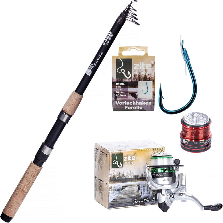 Zite Fishing Forellen Angelset | Teleskoprute 240cm + Angelrolle Bespult mit Ersatzspule + Vorfach-H