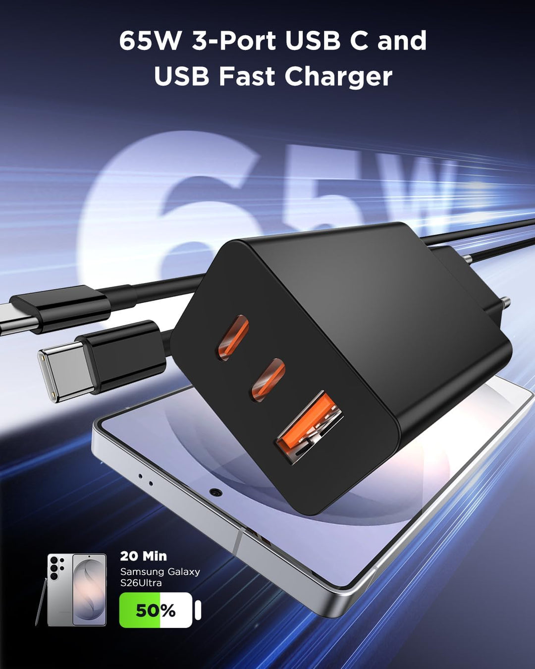 65W USB C Ladegerät für Samsung Galaxy S26/25 Ultra,3Ports Schnellladegerät USB mit Ladekabel 2M für