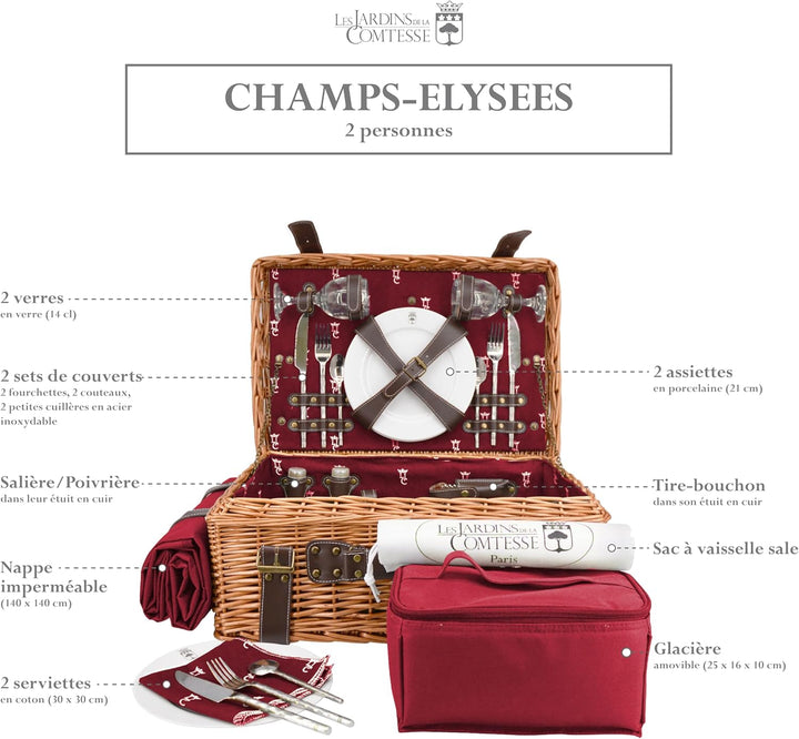 Les Jardins de la Comtesse - Picknickkiste aus Weide und Leder, Champs-Elysées Bordeaux – 2 Personen