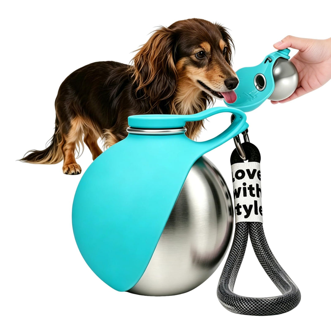 Trinkflasche Hunde für Unterwegs, 285 ml Edelstahl Hunde Trinkflasche mit Faltbarem Silikonnapf, Aus