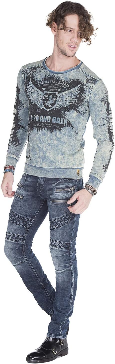 Cipo Baxx Herren Skinny Jeans Hose Biker Hose mit Zipper Slim Fit Denim Darkblue W30 L34