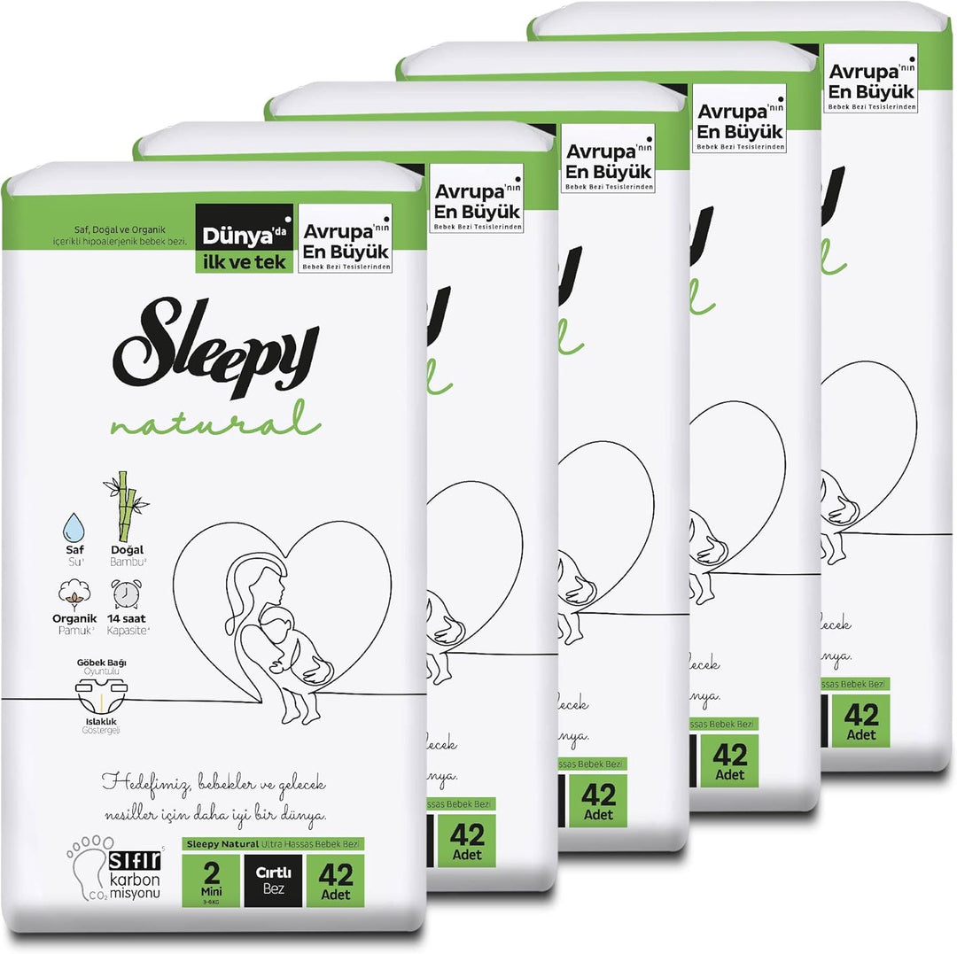 Sleepy Natural Baby Windeln Grösse 2 (3-6 Kg) - MONATSBOX, Für Empfindliche Babys, 210 Stück (5 Pack