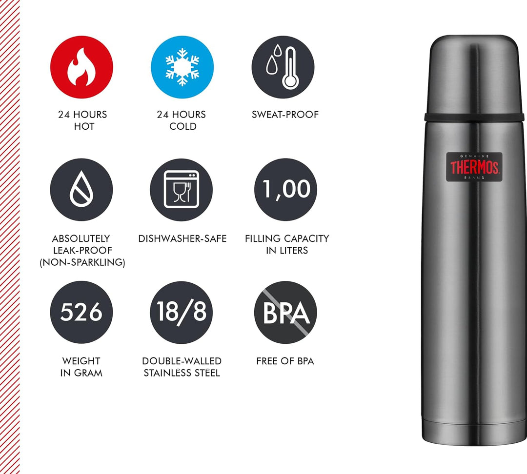 THERMOS LIGHT & COMPACT BEVERAGE BOTTLE 1l, stone grey, Thermosflasche Edelstahl, Isolierflasche gra
