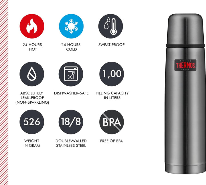 THERMOS LIGHT & COMPACT BEVERAGE BOTTLE 1l, stone grey, Thermosflasche Edelstahl, Isolierflasche gra