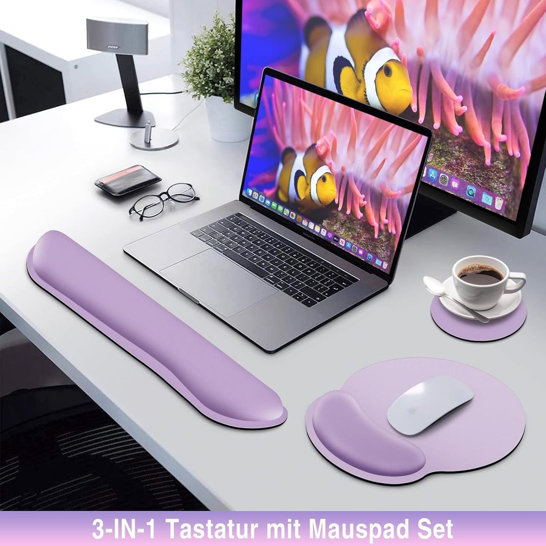 Mauspad Set, 3-in-1 Mousepad mit Gelkissen+Handballenauflage Tastatur+Cup Pad,Ergonomisches Mauspad