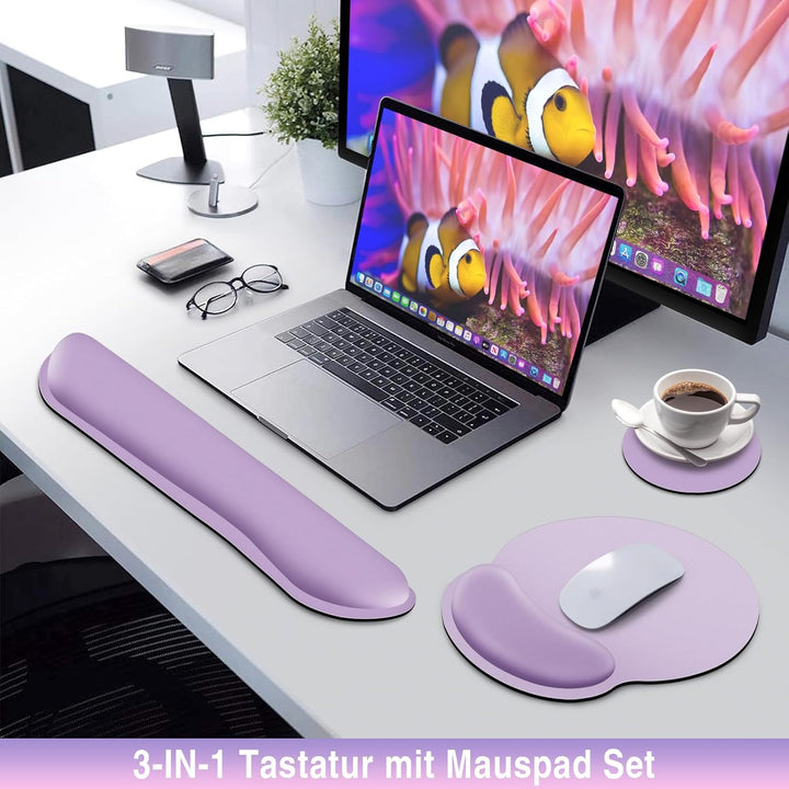 Mauspad Set, 3-in-1 Mousepad mit Gelkissen+Handballenauflage Tastatur+Cup Pad,Ergonomisches Mauspad