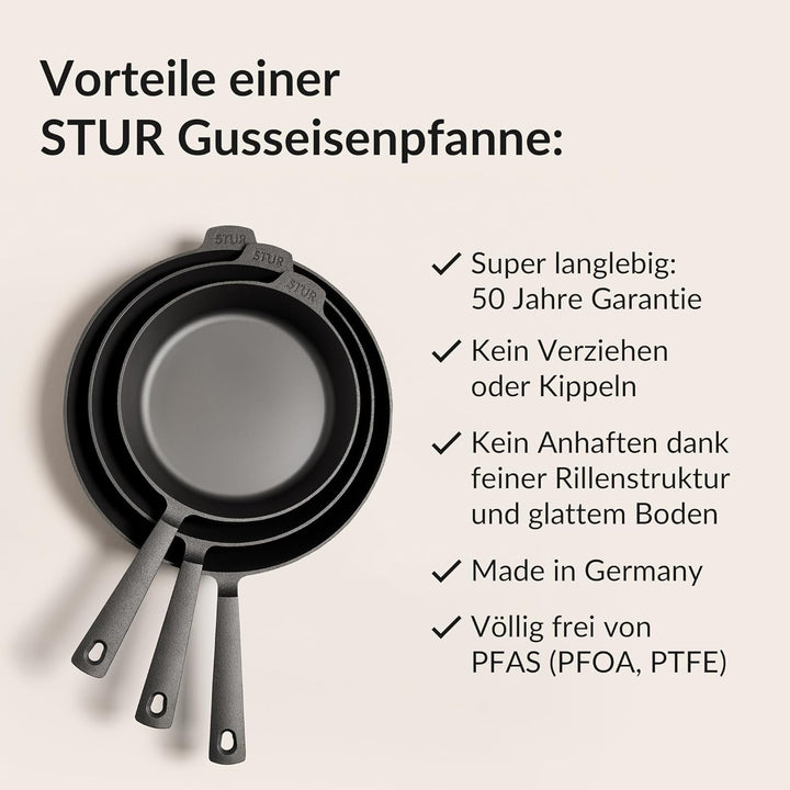 STUR - ORIGINAL Gusseisenpfanne Induktion 24 cm - Cast Iron Pan für alle Herdarten - Pfanne Gusseise