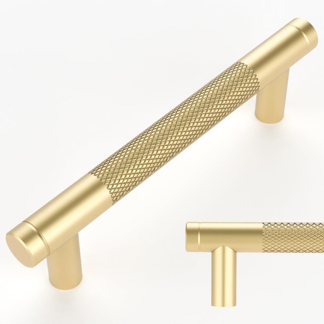 Amerdeco 10 Stück Gold Gerändelte Schrankgriffe 96mm Lochabstand, Aluminium Griffe für Küchenschränk