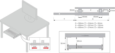 FIX&EASY Tastaturauszug mit Tastaturablage 800X300mm anthrazit Dekor, Auszugschienen verzinkt 300mm